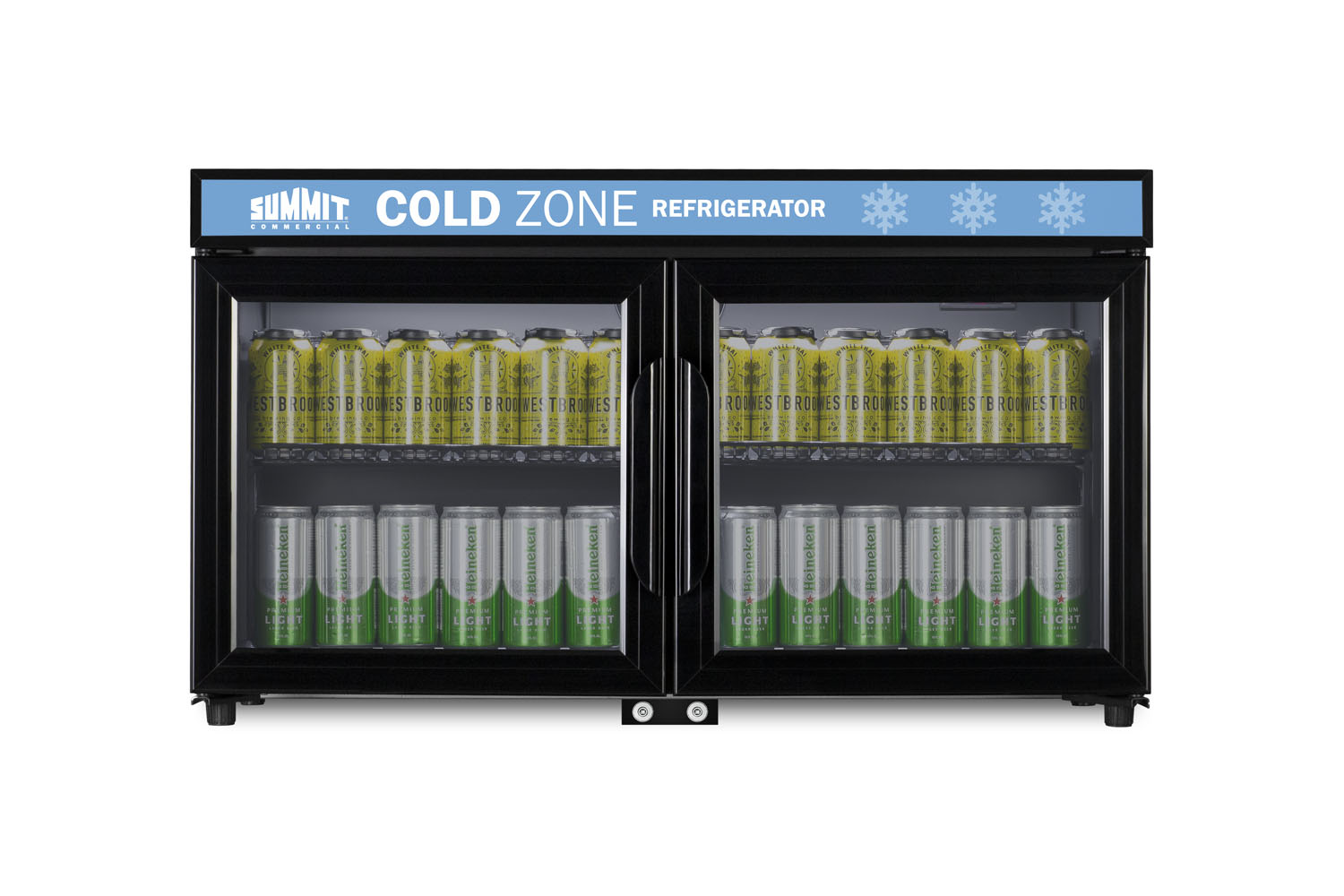 Countertop, shallow depth single-zone commercial refrigerator for freestanding use with French glass doors, black cabinet, front locks, digital controls, and LED lighting